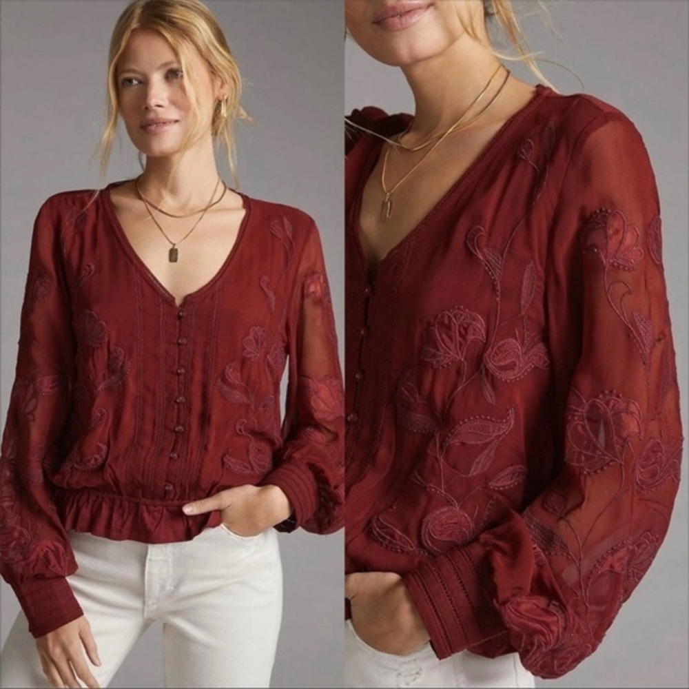 NWT Anthropologie Embroidered Floral Blouse